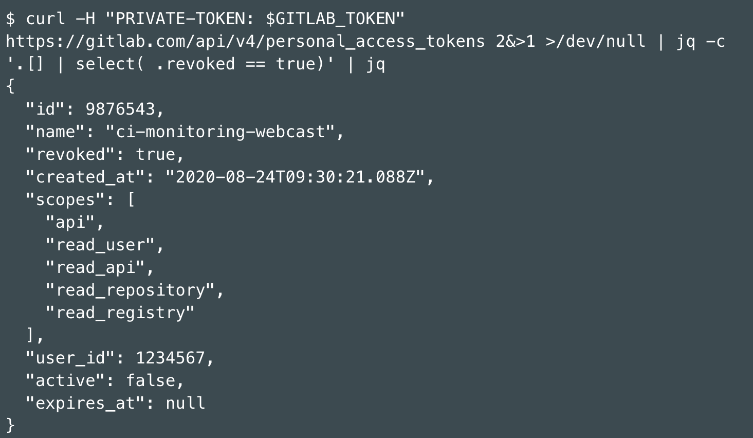 Gitlab access token. Array in json example. Personal token.