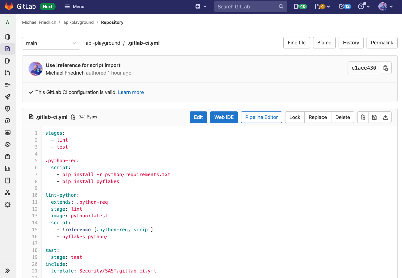 Reusable job attributes in other jobs in GitLab CI/CD with !reference