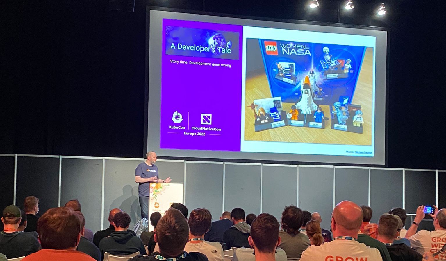 Michael Friedrich, talking about "From Monitoring to Observability: Left Shift your SLOs with Chaos" at KubeCon EU 2022