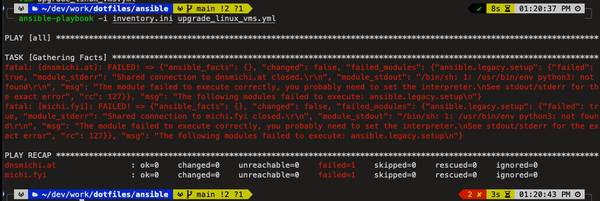Terminal on macOS, ansible-playbook run to upgrade Linux VMs, red error message 